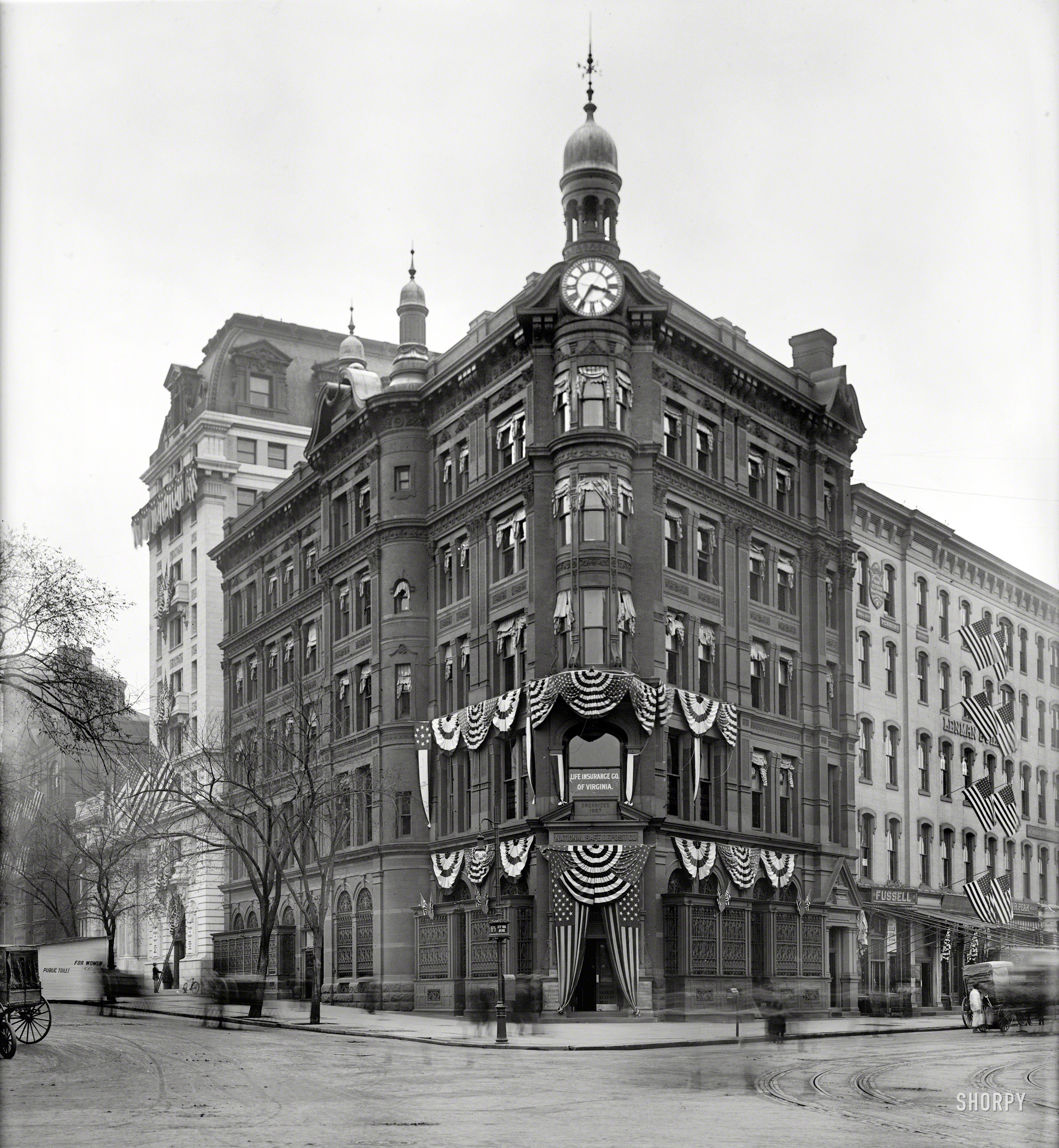 Washington, D.C., circa 1912. "National Safe Deposit Savings & Trust Co., 15th St. & New York Avenue." Note the PUBLIC TOILET FOR WOMEN, possibly for a parade. National Photo Company Collection glass negative. View full size.