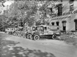 Washington, D.C., 1924. "Ford Motor Co. -- Manhattan Laundry trucks." Emblazoned with the ominous slogan WASH DAY DOOMED. National Photo Company Collection glass negative. View full size.
Florida Ave. N.W.Manhattan Laundry
&mdash;With the Famous Net Bag System
1336-1346 Florida Ave. N.W.
&quot;Make mine Manhattan&quot;My folks used Manhattan, and at that time the jingle was "Make mine Manhattan, Manhattan laundry for me."
My mother was a typical '50s wife in a lot ways, but she drew the line at doing my father's shirts.
The Final TrumpetInteresting selection of after-market klaxons on these trucks. The Model T of this era was delivered with a weedy sounding buzzer for a horn, not loud enough to raise the dead, or to bring customers to their doors.
(The Gallery, Cars, Trucks, Buses, D.C., Natl Photo, Stores & Markets)