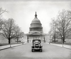 Washington, D.C., 1924. "Ford Motor Co. -- Lincoln at Capitol." The Great Transportator. National Photo Company glass negative. View full size.
The Ford SuitsThe Ford suits should have driven this car to the Congressional Hearings instead of the corporate jet that gave them such bad PR.
(The Gallery, Cars, Trucks, Buses, D.C., Natl Photo)