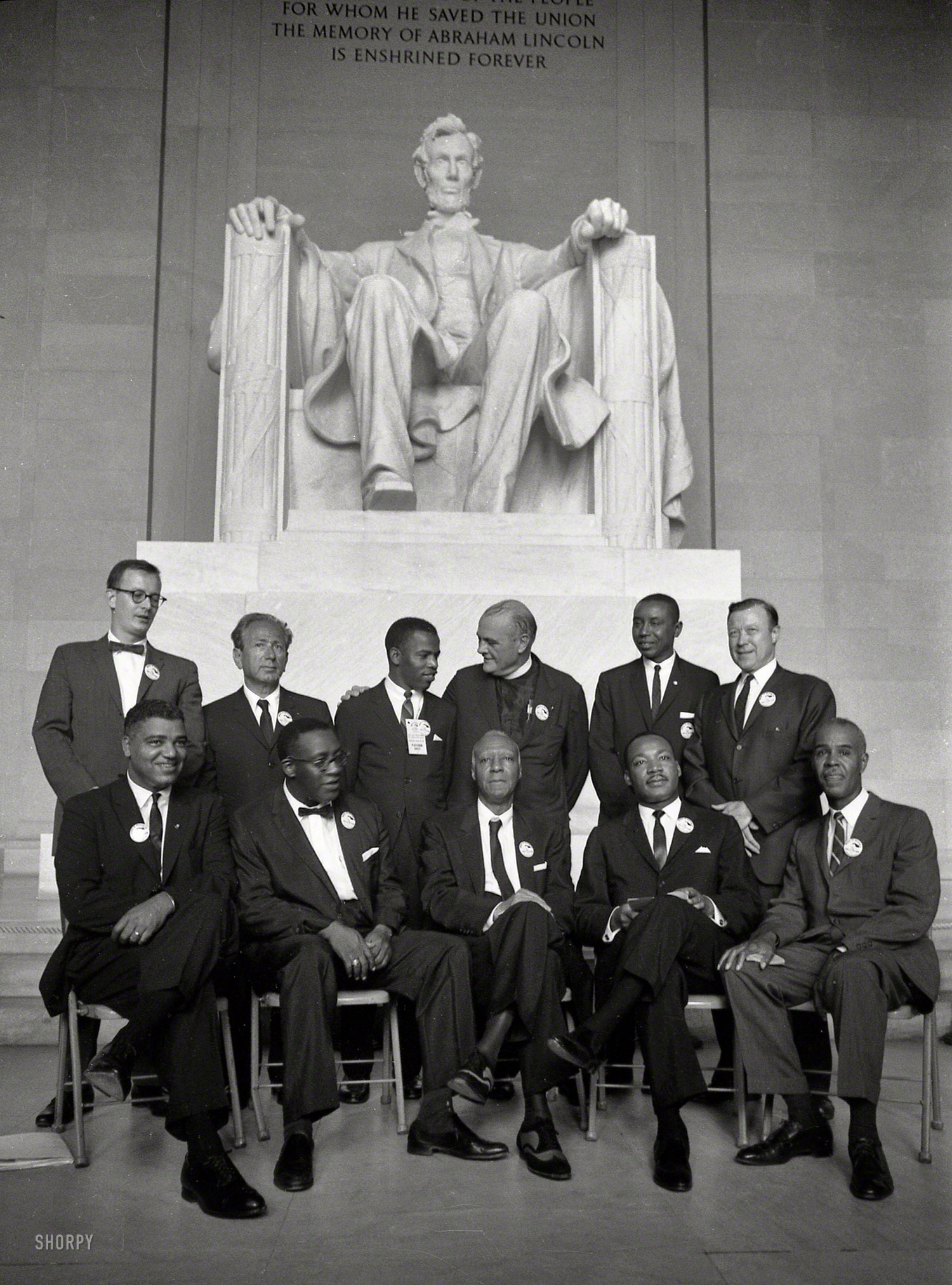 August 1963. "Group portrait of several of the organizers of the March on Washington, among them: Mathew Ahmann, Rabbi Joachim Prinz, John Lewis, the Rev. Eugene Carson Blake, Whitney Young, A. Philip Randolph, the Rev. Martin Luther King Jr., and Roy Wilkins." Photo by Stanley Tetrick for the Look magazine assignment "Negro march on Washington, D.C." View full size.