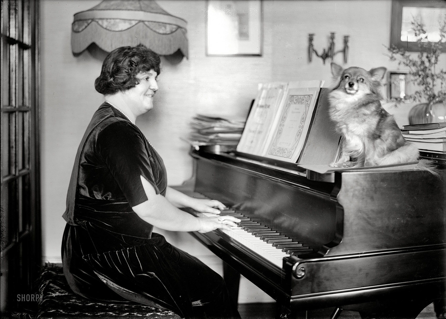 The singer Elsie Baker and canine accompanist in New York circa 1920. 5x7 glass negative, George Grantham Bain Collection. View full size.
