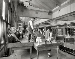 Washington, D.C., circa 1923. "City Post Office." Now the National Postal Museum. National Photo Company Collection glass negative. View full size.
Postal inspectionsAlso, another view of the inspectors' galleries. I'm at a loss to explain the purpose of the tall cabinet seen behind the bald clerk. I never dressed this nattily when I was doing this kind of work.
Mystery MailIt appears someone is mailing an odd package there in that bin on the right. Either a slender leg o' lamb, or maybe a tommy gun.
[Also seen here. - Dave]
No strings attached (now)I looked at the picture and felt something out of place. Then it dawned that the postal packages were wrapped in string, something I remembered as a kid but haven't seen in years as clear packing tape took over.
We aim to pleaseThat spittoon on the floor would benefit from a copy of a sign I once saw in a public restroom, to wit:
We aim to please.
You aim too, please! 
Your aim&#039;s offHey, do I spot a spittoon on the floor?  Yes I think I do!  Imagine the screaming today if someone grabbed a quick chaw in the PO.
(The Gallery, D.C., Natl Photo)