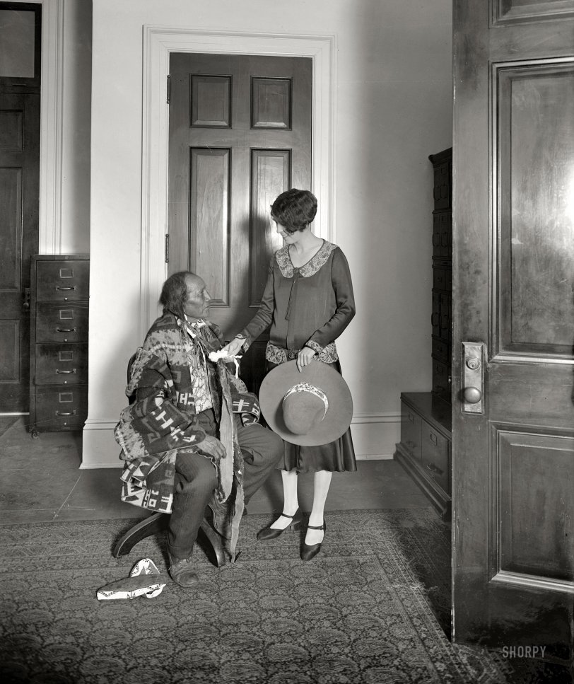 November 12, 1925. Washington, D.C. "John Ayers, Chief of Weeminuche tribe of Ute, and Miss Meleta Chavez. Office of Congressman John Morrow of New Mexico." National Photo Company Collection glass negative. View full size.
