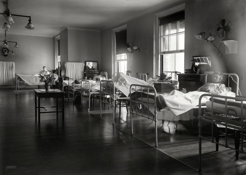Washington, D.C., 1924. GI tunes: "Walter Reed Hospital. Scene in ward where the bed of every soldier is equipped with a set of radio earphones. This is the first hospital in the country to be completely equipped." View full size.
