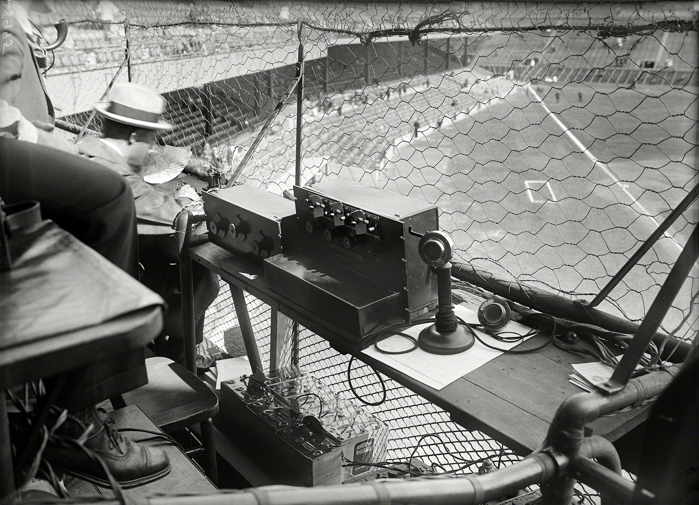 "Washington baseball, 1924." The broadcasting cage at Griffith Stadium in the early days of commercial radio. Harris & Ewing glass negative. View full size.