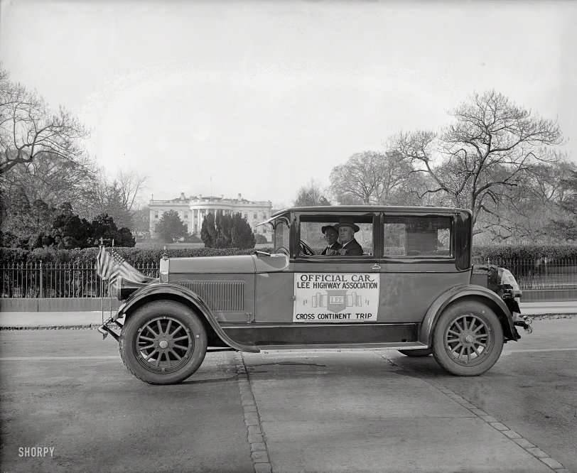 &nbsp; &nbsp; &nbsp; &nbsp; Promoters of a proposed "national highway" that would traverse the continent via Washington from New York to Southern California.
Circa 1926. "Mrs. J.A. Whitcomb (Official Car, Lee Highway Association, Cross Continent Trip, at White House)." National Photo glass negative. View full size.
