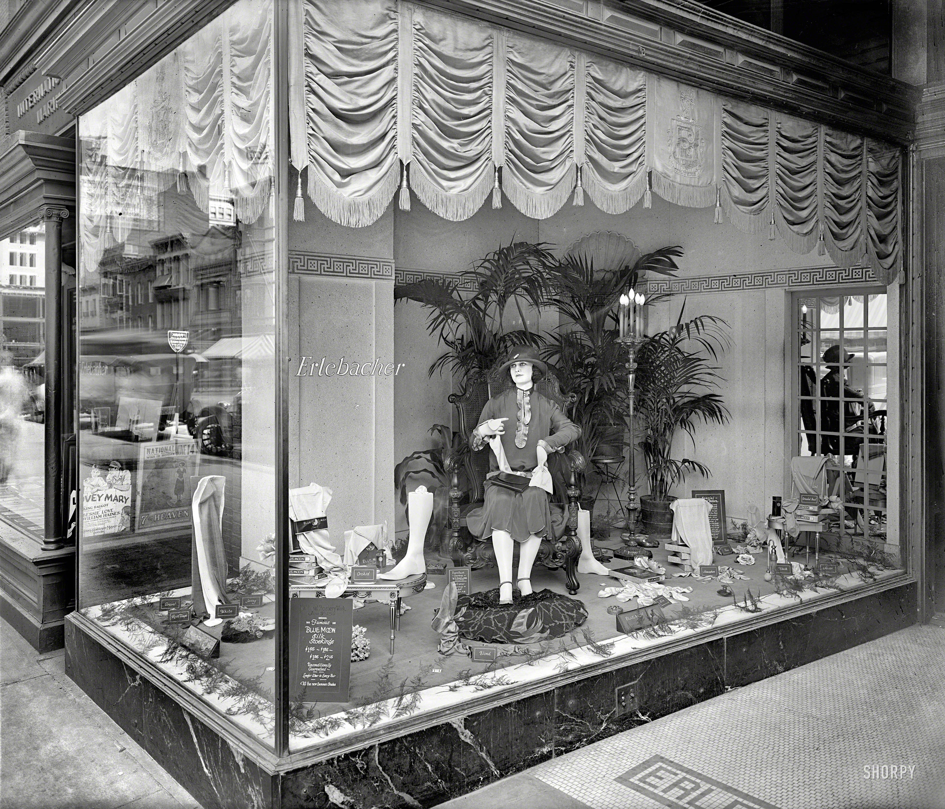 Washington, D.C., 1926. "National Hosiery Week. Erlebacher window, F Street." Among the Blue Moon shades on display: Flesh, Blond, Peau, Orchid, Gravel and "Jenny." National Photo Company Collection glass negative. View full size.