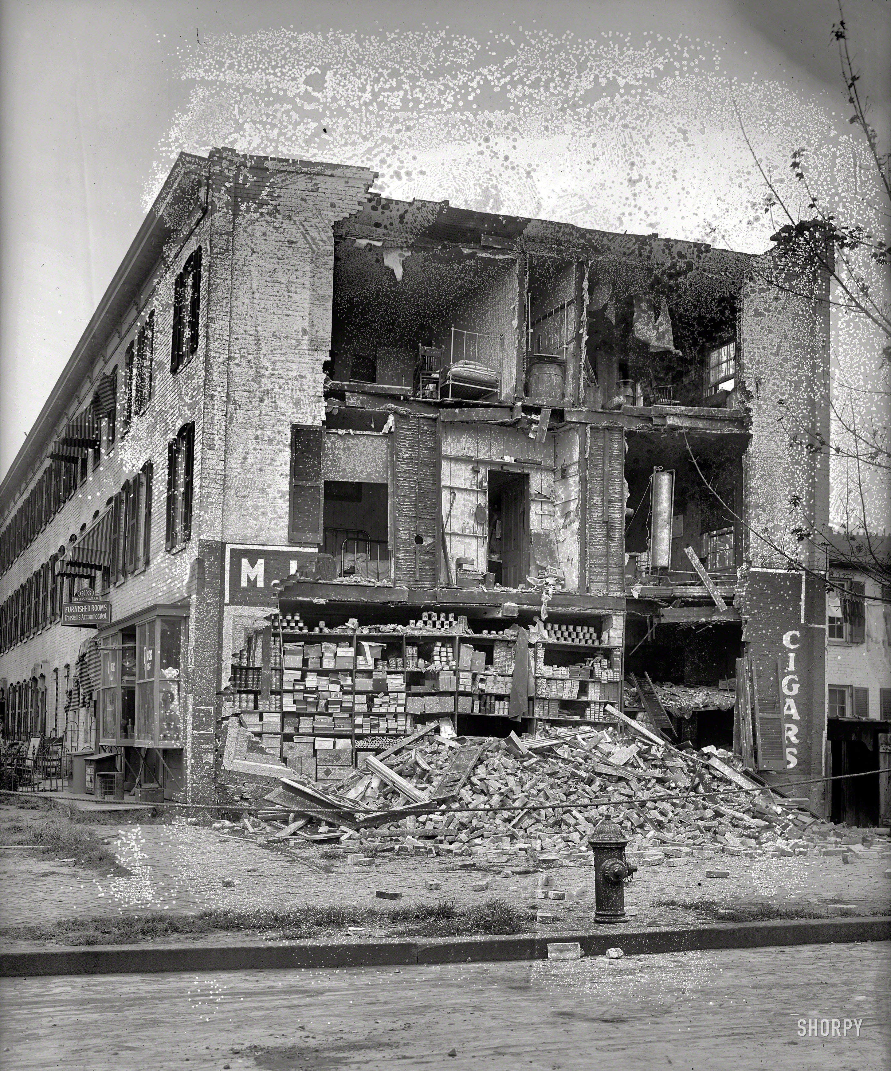 Washington, D.C., circa 1920s. "Wrecked house" is all it says on this undated (and moldy) 8x6 glass negative. Are there enough clues to fill in the blanks of this bricks-and-mortar mystery? National Photo Company. View full size.