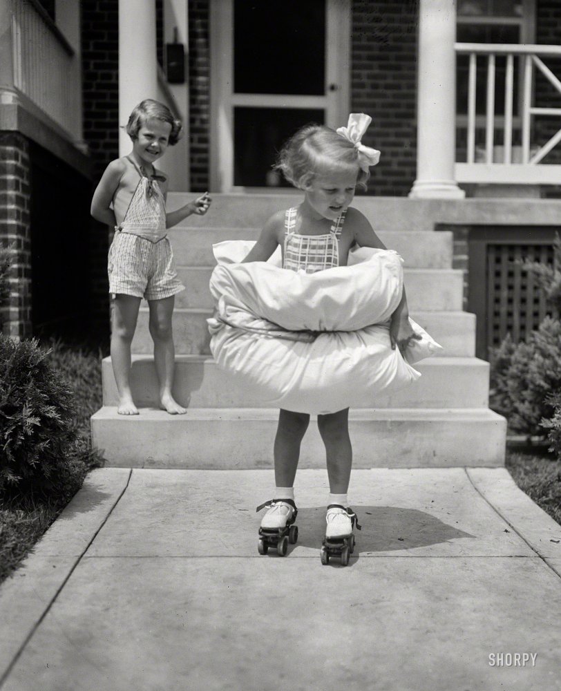 Aug. 8, 1936. Washington, D.C. "Safety first for this Miss. Equipped with bumpers fore and aft, 4-year-old Betty Buck is taking no unnecessary chances as she tries her first pair of roller skates." Harris &amp; Ewing glass negative. View full size.
