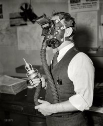 Oct. 15, 1936. Washington, D.C. "Protection against that dreaded disease Silicosis is assured underground workers with this new sand-blasting helmet developed by William P. Biggs, Safety Engineer of the Navy Department. Weighing only 43 ounces, the helmet has been tested for nearly a year in various naval stations throughout the country." Harris & Ewing glass negative. View full size.
