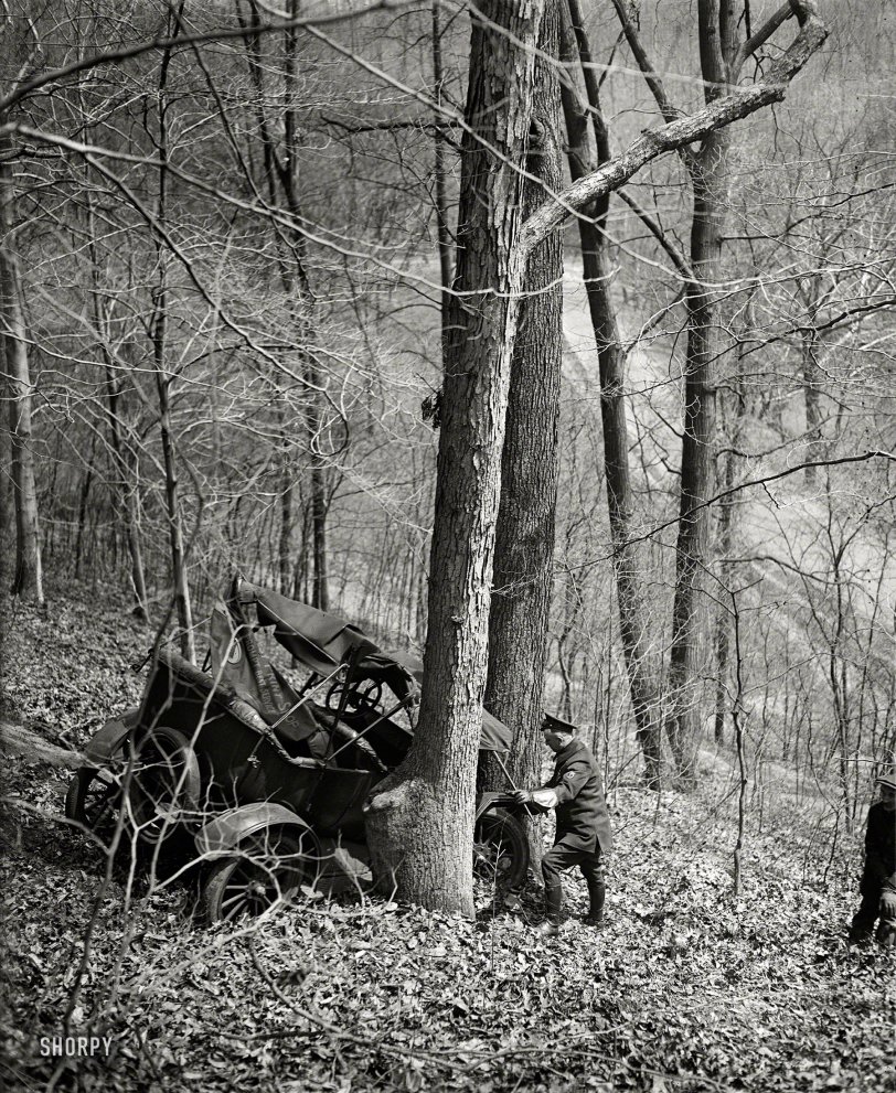 Washington circa 1923. "Auto crash in woods." Continuing our series on vehicular mayhem around the nation's capital. Harris &amp; Ewing photo. View full size.
