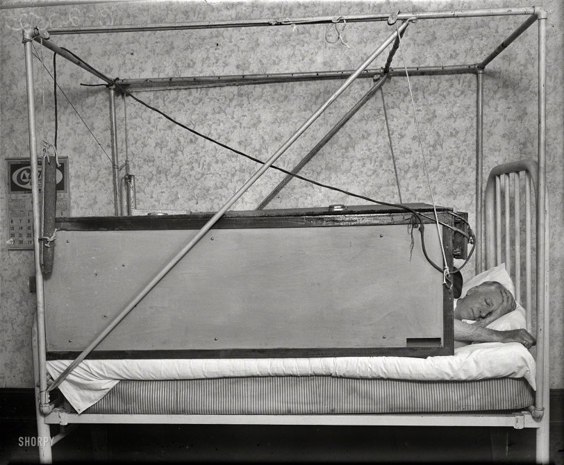 Nov. 28, 1927. "Washington man sleeps in a blanketless bed. Milton Fairchild of Washington, D.C., does not need any blankets for keeping him warm these winter nights. He has invented an electrical bed which does not require any covering for the body when asleep. Furthermore, according to Mr. Fairchild, an 'electric blanket' is healthier and one is not so susceptible to colds. The temperature is maintained constant throughout the night by automatic controls." Milton, you are so close. Just a couple more tweaks and you will be sitting pretty, or at least reclining more comfortably. Harris &amp; Ewing glass negative. View full size.
