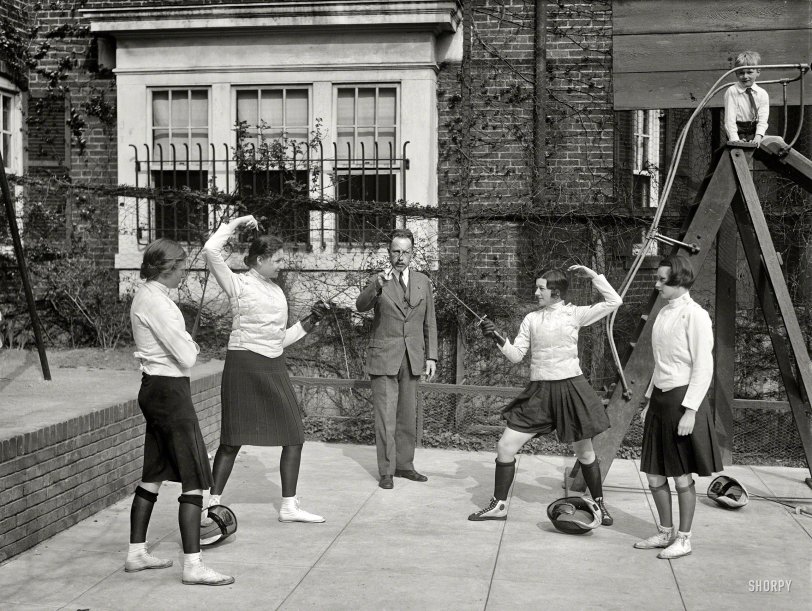 April 16, 1930. "These Washington society girls will compete for fencing title of the District of Columbia at the Mayflower Hotel this week. Left to right: Elizabeth Bunting, judge; Priscilla Holcombe; Maj. Walter E. Blunt, referee; Margaret Montgomery; and Lillian Shuman, judge." Harris &amp; Ewing. View full size.
