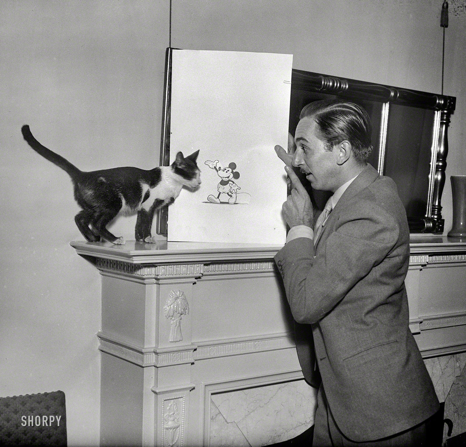 Washington, D.C., circa 1931. "Walt Disney with Mickey Mouse drawing." One day he'll be bigger than you, cat! Harris & Ewing glass negative. View full size.