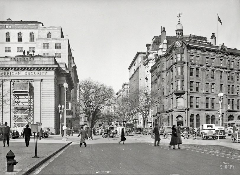 Washington, D.C., circa 1931. "Fifteenth Street at Pennsylvania Avenue." Note the traffic lights, which made their D.C. debut in 1926, as well as the traffic-cop gazebo at center ("NO LEFT TURN") and streetcar switch tower to its left. Harris &amp; Ewing Collection glass negative. View full size.
