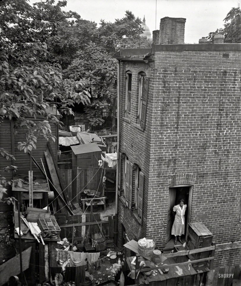 Summer 1935. "Washington, D.C., alley dwelling. The clutter of filth, debris and tin cans all have highly utilitarian purposes. Many of the houses are without gas, water, or electric connections." Note the Capitol dome at the top of the frame. Our second look at this abode. Harris &amp; Ewing glass negative. View full size.
