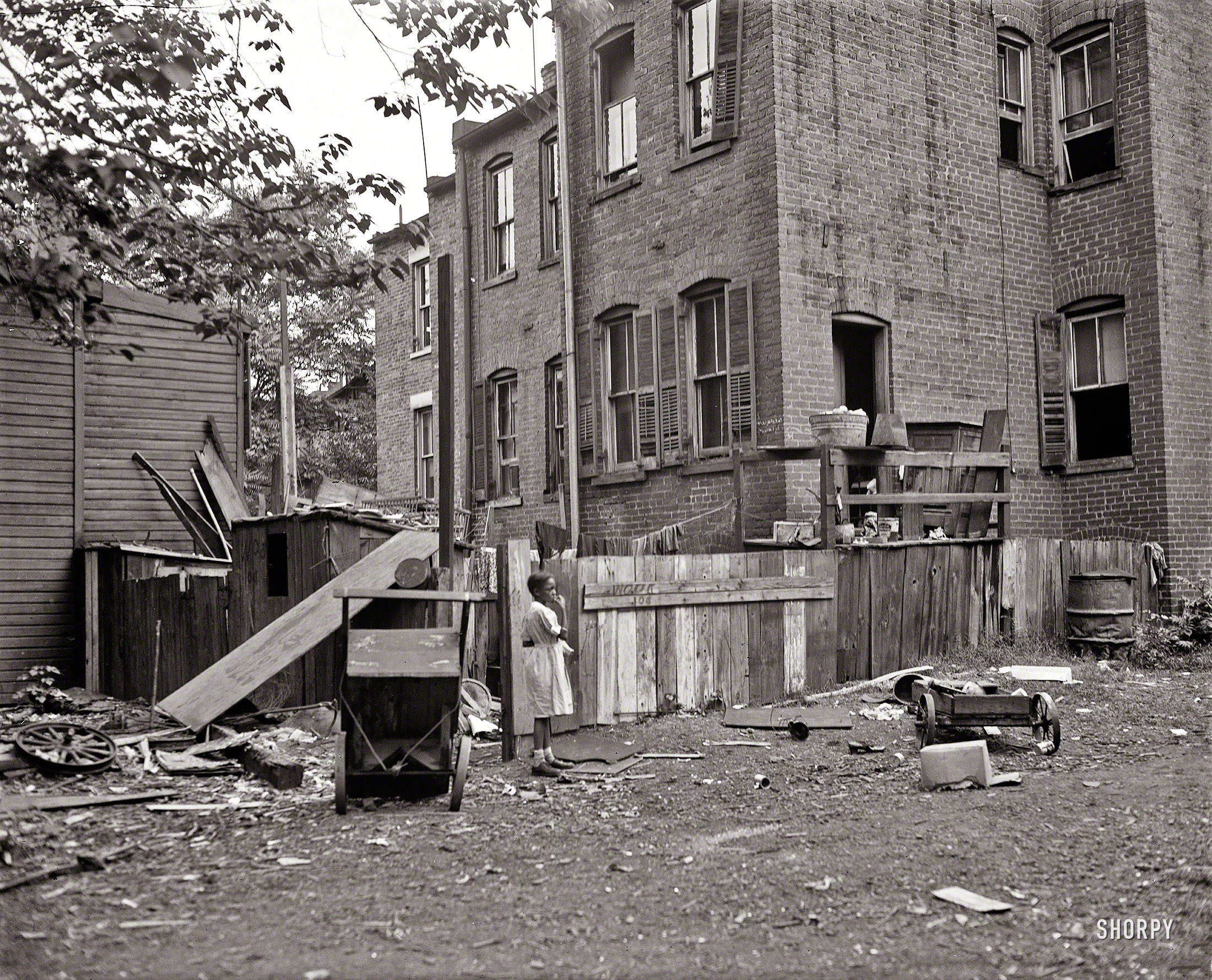 1935. Washington, D.C. "Alley dwelling. The clutter of filth, debris and tin cans all have highly utilitarian purposes. [Whatever that means.] Many of the houses are without gas, water, or electric connections." A Harris & Ewing photo from the mid-1930s, using what by then was the anachronistic medium of the 4x5 glass negative, but with subject matter that was on the cutting edge of what was being documented by the Federal Government's various New Deal (Farm Security Administration, etc.) photographic efforts. View full size.