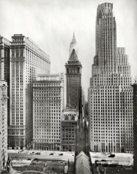New York circa 1931. "Irving Trust Building, 1 Wall Street." The Art Deco behemoth on the right, with Trinity Church and its cemetery in the foreground and Equitable Building on the left, along with American Surety, the Bankers Trust pyramid and Bank of Manhattan (rear). Irving Underhill photo. View full size.