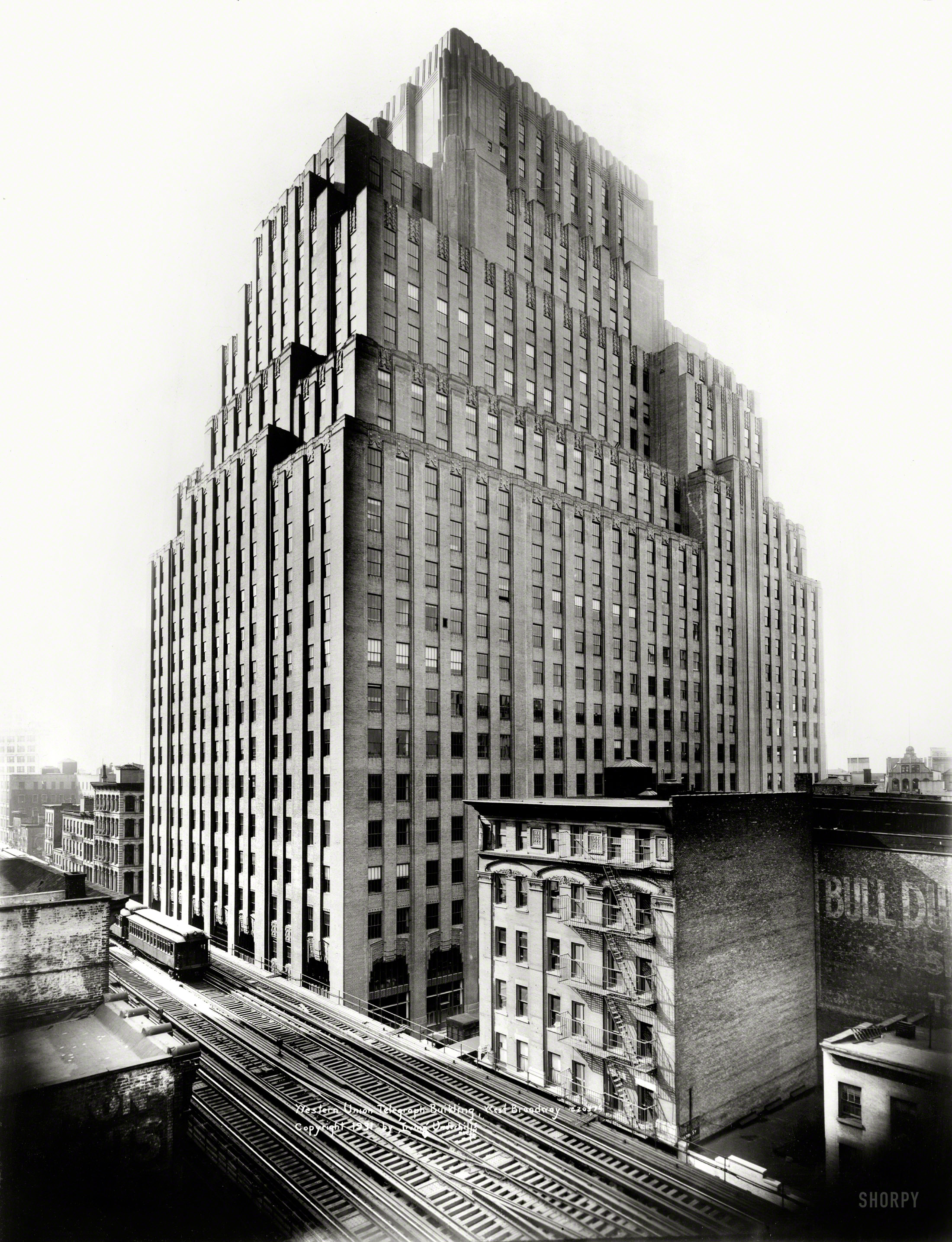 New York, 1931. "Western Union Telegraph Building, West Broadway. Ralph Walker, architect." The hulking Art Deco pile now known as 60 Hudson Street, a TriBeCa landmark. Photo by Irving Underhill. View full size.