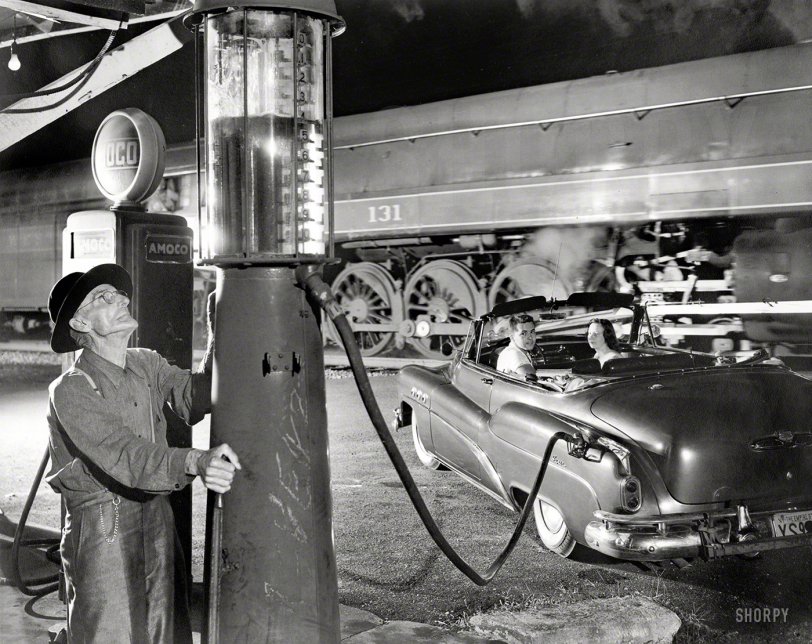 Vesuvius, Virginia, 1956. "Sometimes the electricity fails." Gelatin silver print by Ogle Winston Link, pioneer of the photographic genre that might be called rail noir. Library of Congress Prints &amp; Photographs Division. View full size.

