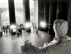 &nbsp; &nbsp; &nbsp; Fifty years ago today in Washington on the occasion of Martin Luther King Jr.'s famous address under the gaze of Abraham Lincoln, signer of the Emancipation Proclamation 100 years earlier.

August 28, 1963. "Emancipator looking down on demonstrators. Participants in the March on Washington in front of the Lincoln Memorial and massed along both sides of the Reflecting Pool, viewed from behind Abraham Lincoln statue." Photo by James K. Atherton for United Press International. View full size.