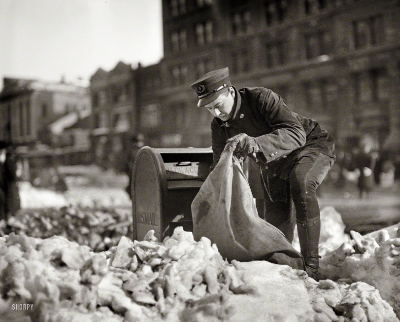 &nbsp; &nbsp; &nbsp; &nbsp; Neither snow nor rain nor heat nor gloom of night stays these couriers from the swift completion of their appointed rounds.
January 1922. Washington, D.C. "Snow scenes after blizzard." When the mailbox is also an icebox. Harris &amp; Ewing Collection glass negative. View full size.
