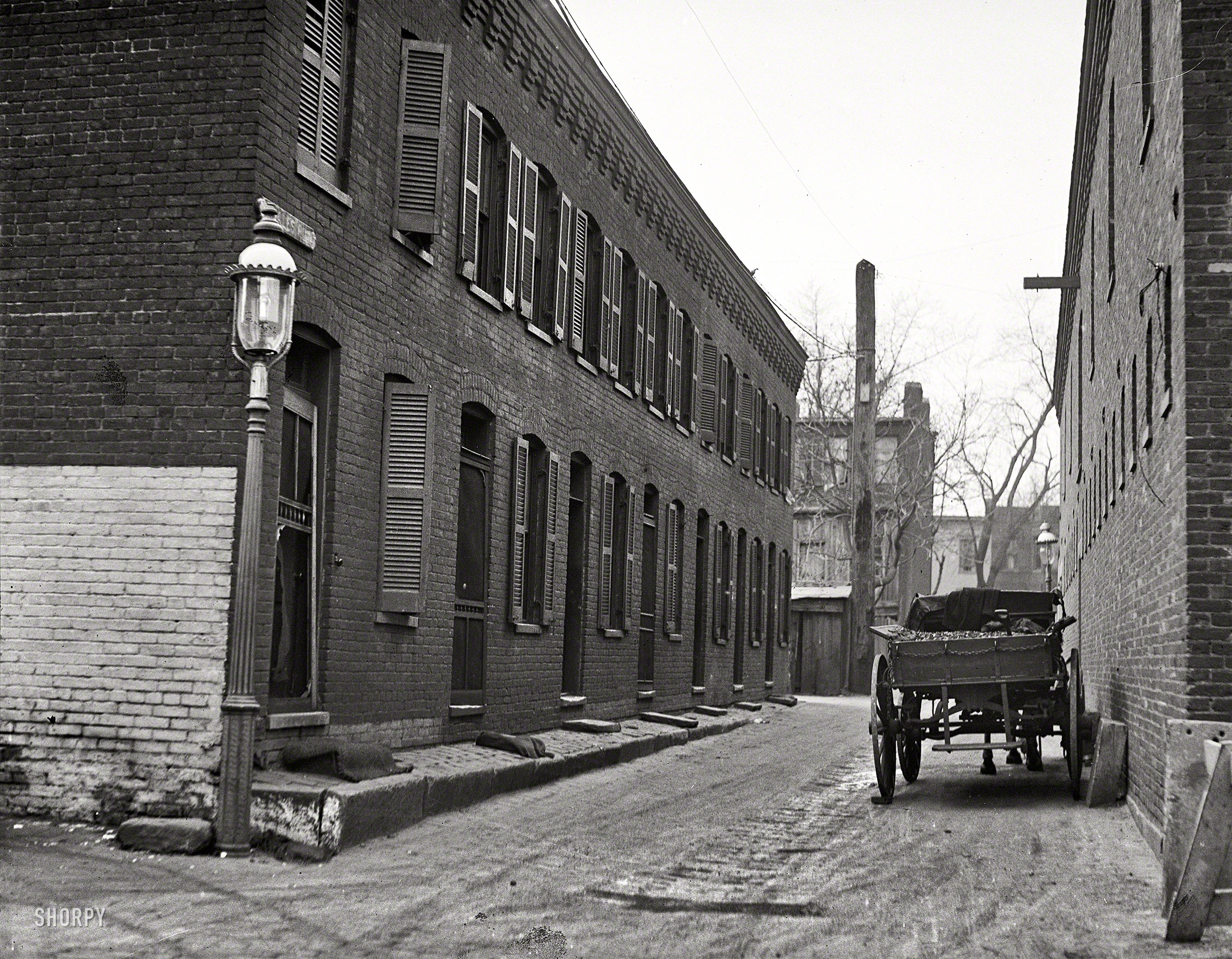 Washington, D.C. "City rowhouses, 1923." A coal wagon in DeSales Alley. Harris & Ewing Collection glass negative. View full size.
