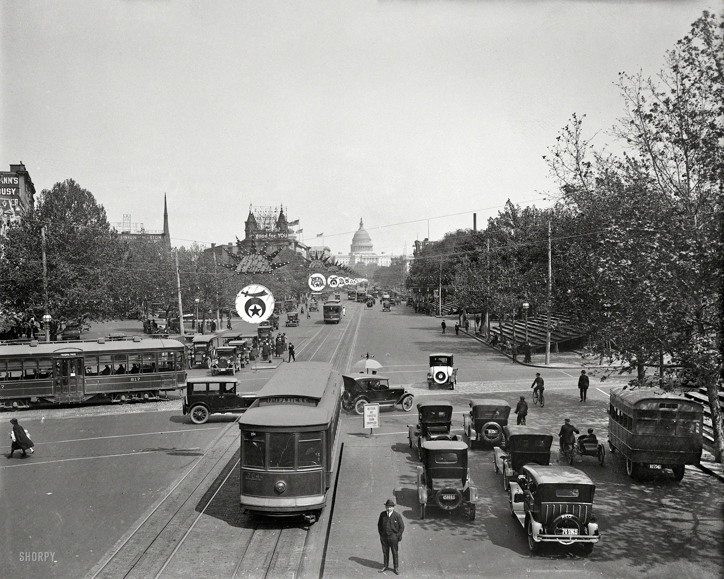 Reviewing stands set up for the Shriners Convention of June 1923, which hosted a quarter-million delegates from lodges and temples across the United States in Washington for a week of parades along Pennsylvania Avenue, strung with thousands of lights and rechristened the "Road to Mecca" at a time when interest in fraternal organizations was at its peak. Harris & Ewing photo. View full size.