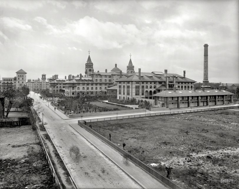 St. Augustine, Florida, circa 1890s. "The Ponce de Leon, rear view." Henry Flagler's grand hotel, with the street traffic none too artfully stippled out. 8x10 inch glass negative by William Henry Jackson. View full size.

