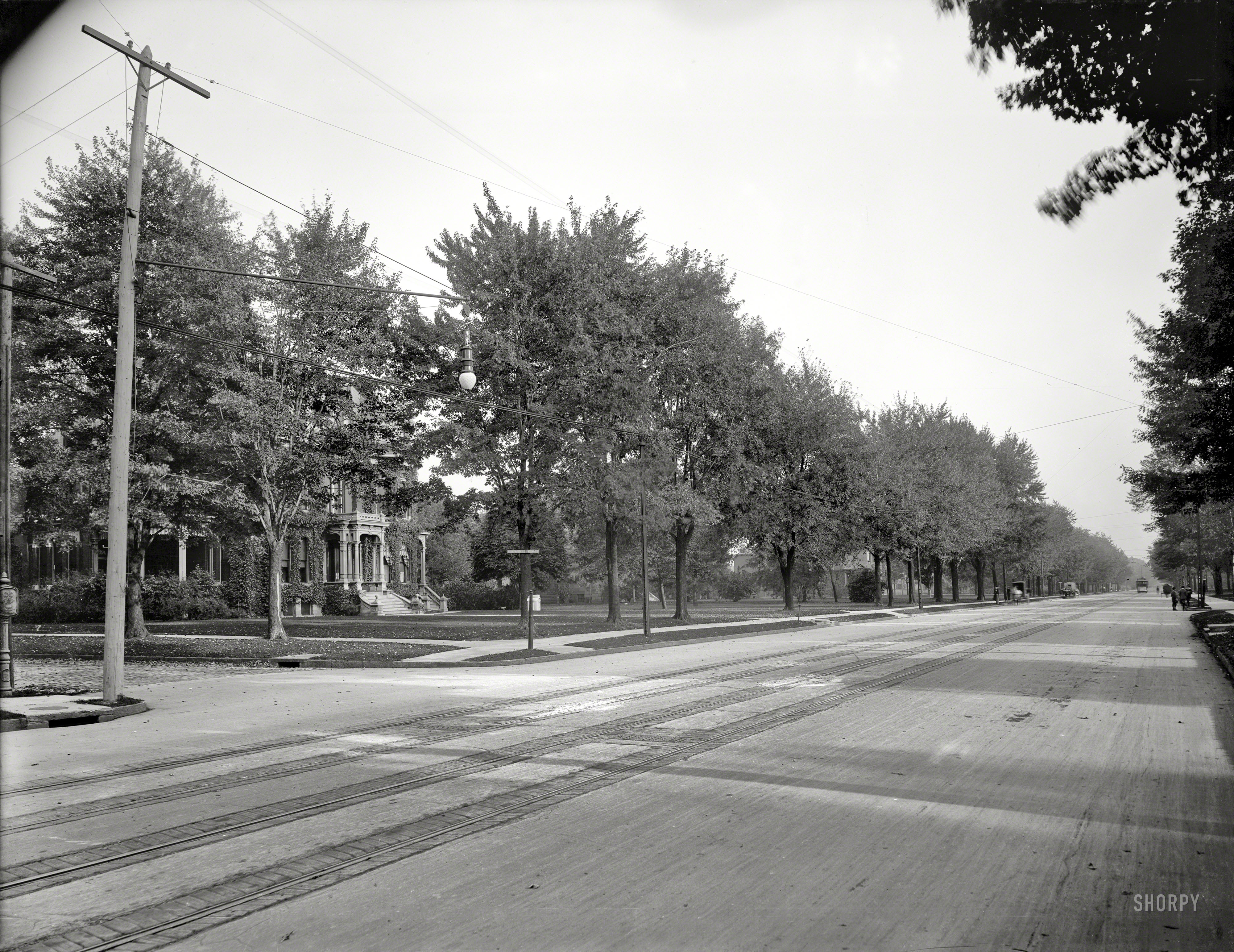 Detroit circa 1901. "Woodward Avenue and Farnsworth Street." The future Motor City on the cusp of the Motor Century.  8x10 inch glass negative. View full size.