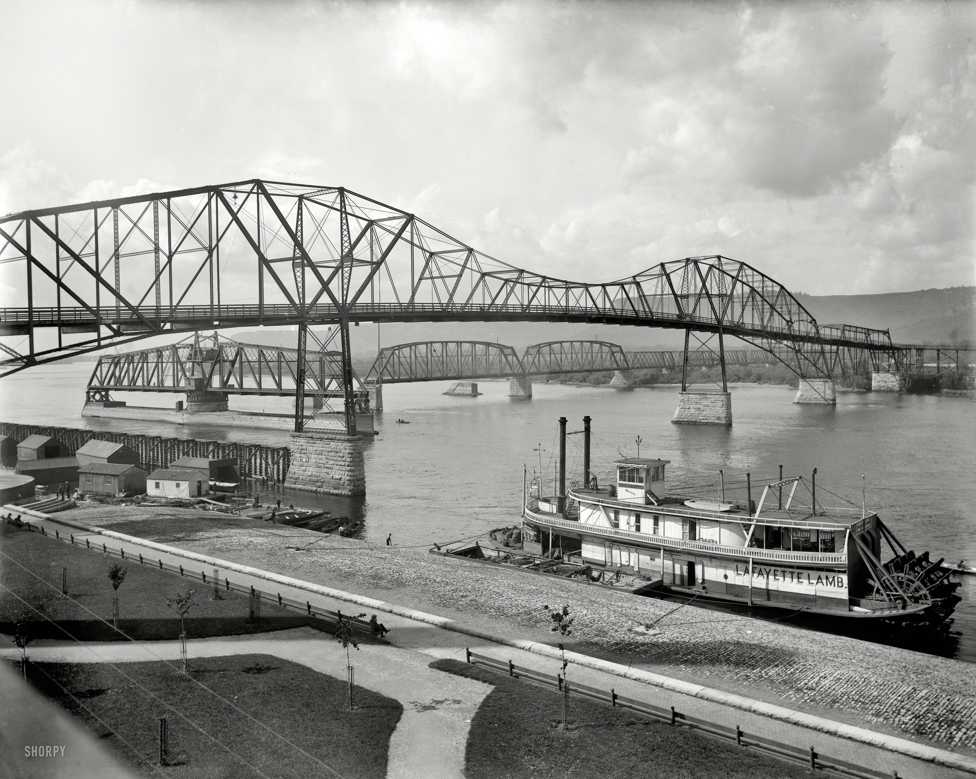 1898. Winona, Minnesota. "Bridges over the Mississippi. Sternwheeler Lafayette Lamb." 8x10 inch glass negative, Detroit Publishing Company. View full size.