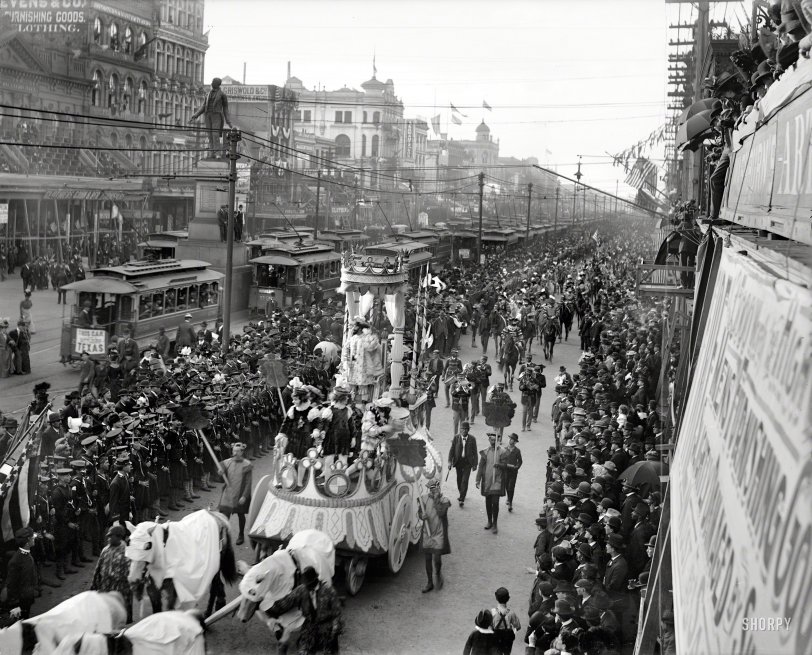Feb. 27, 1900. "Mardi Gras procession on Canal Street, New Orleans." 8x10 inch dry plate glass negative, Detroit Publishing Company. View full size.

