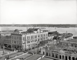 Florida circa 1904. "Jacksonville and St. Johns River." Plus the headquarters of the Florida Times-Union newspaper and much transportation-related signage. 8x10 inch glass negative, Detroit Publishing Company. View full size.