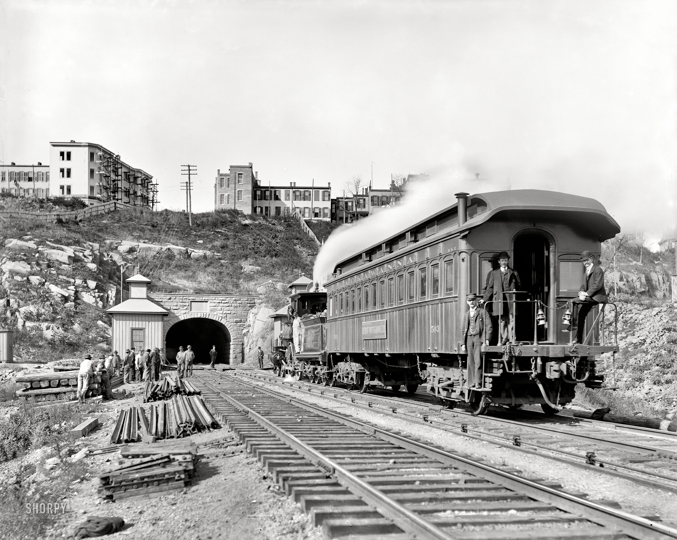 New Jersey circa 1900. "Bergen Tunnel, east end." The Detroit Photographic Special on the tracks. 8x10 inch dry plate glass negative. View full size.