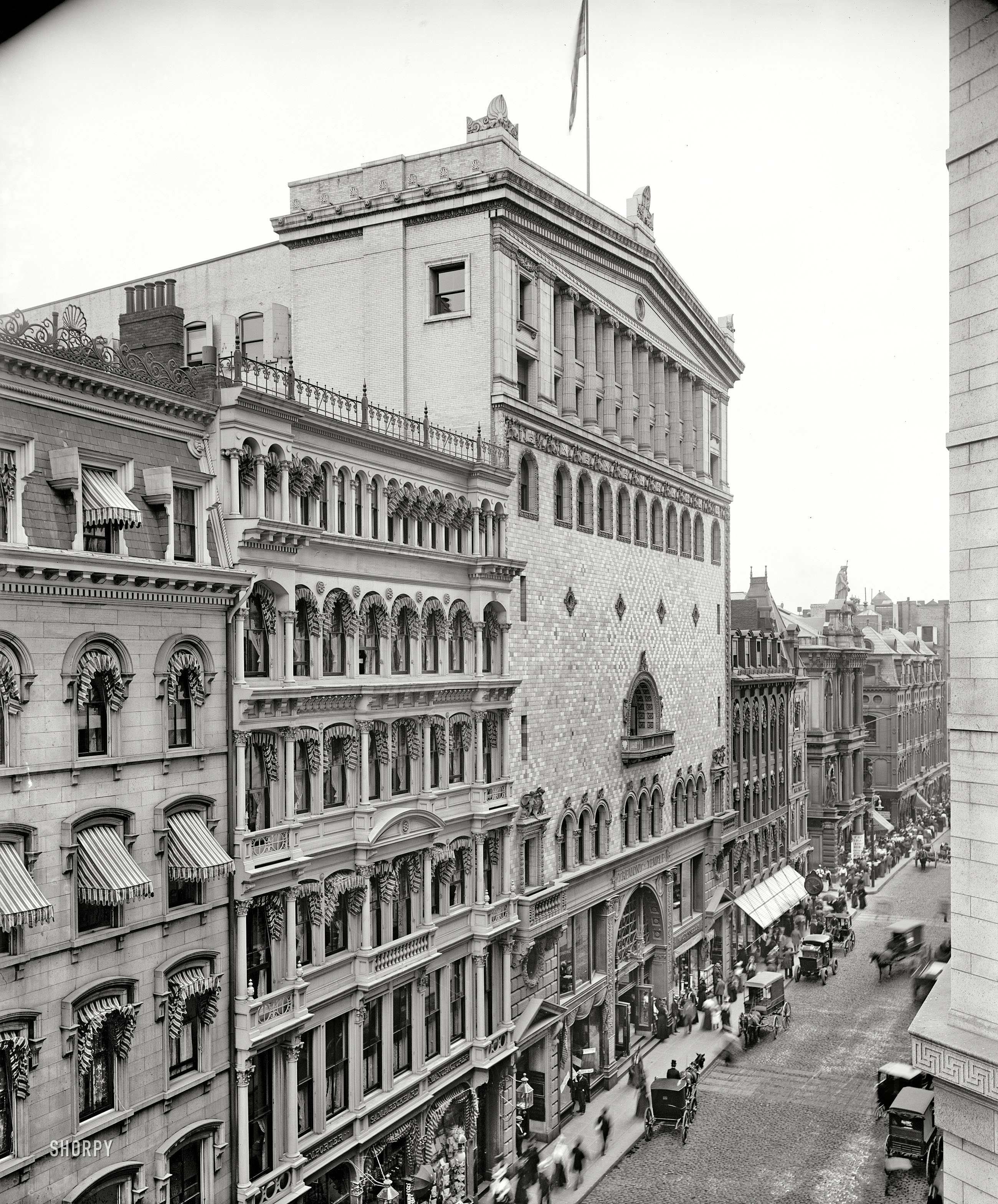 Circa 1900. "Tremont Temple, Boston." The Baptist church and auditorium. 8x10 inch dry plate glass negative, Detroit Publishing Company. View full size.