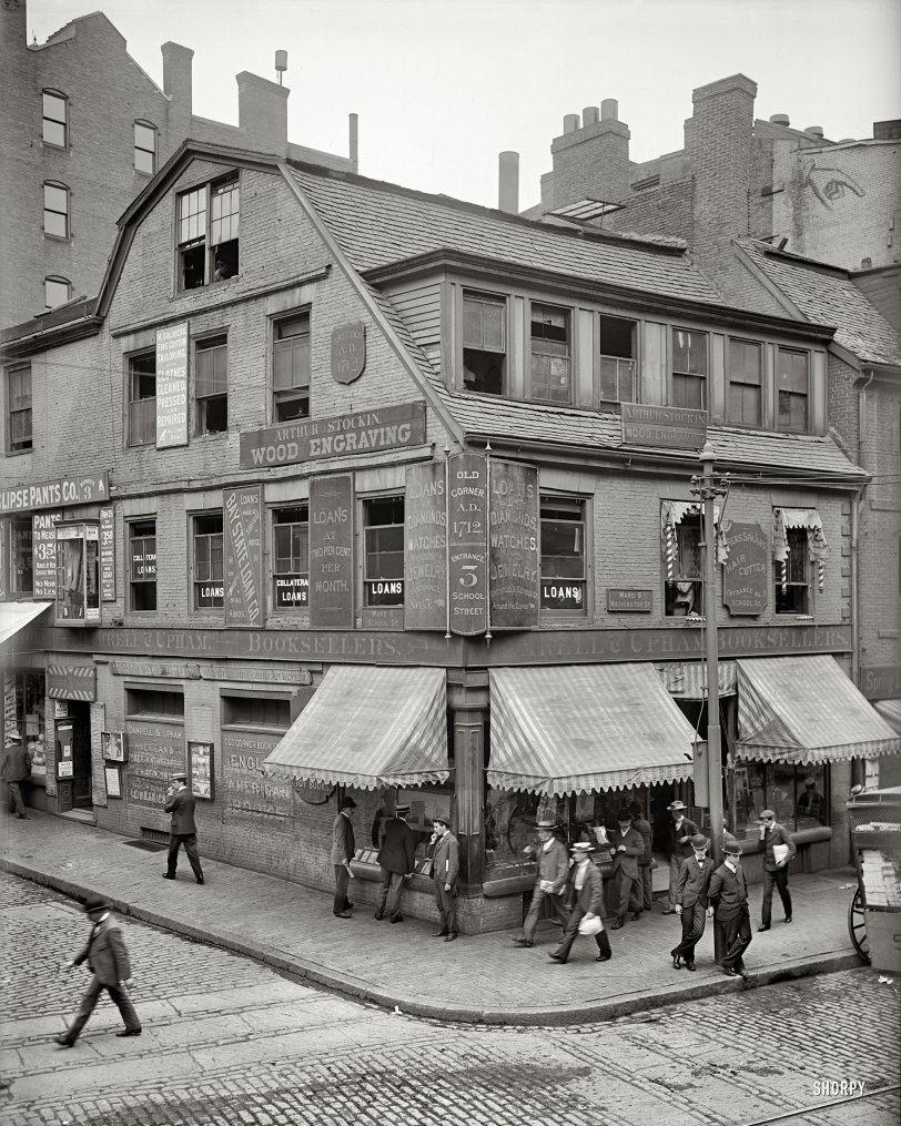 Boston, Massachusetts, circa 1900. "Old Corner Bookstore, first brick building in Boston." Detroit Publishing Company 8x10 glass negative. View full size.
