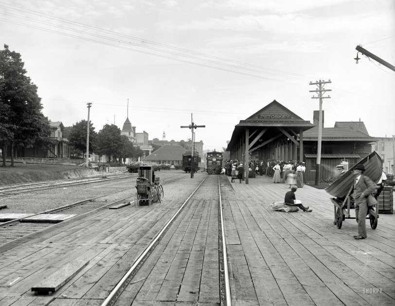 Petoskey, Michigan, circa 1901. "Grand Rapids &amp; Indiana R.R. station." 8x10 inch dry plate glass negative, Detroit Publishing Company. View full size.
