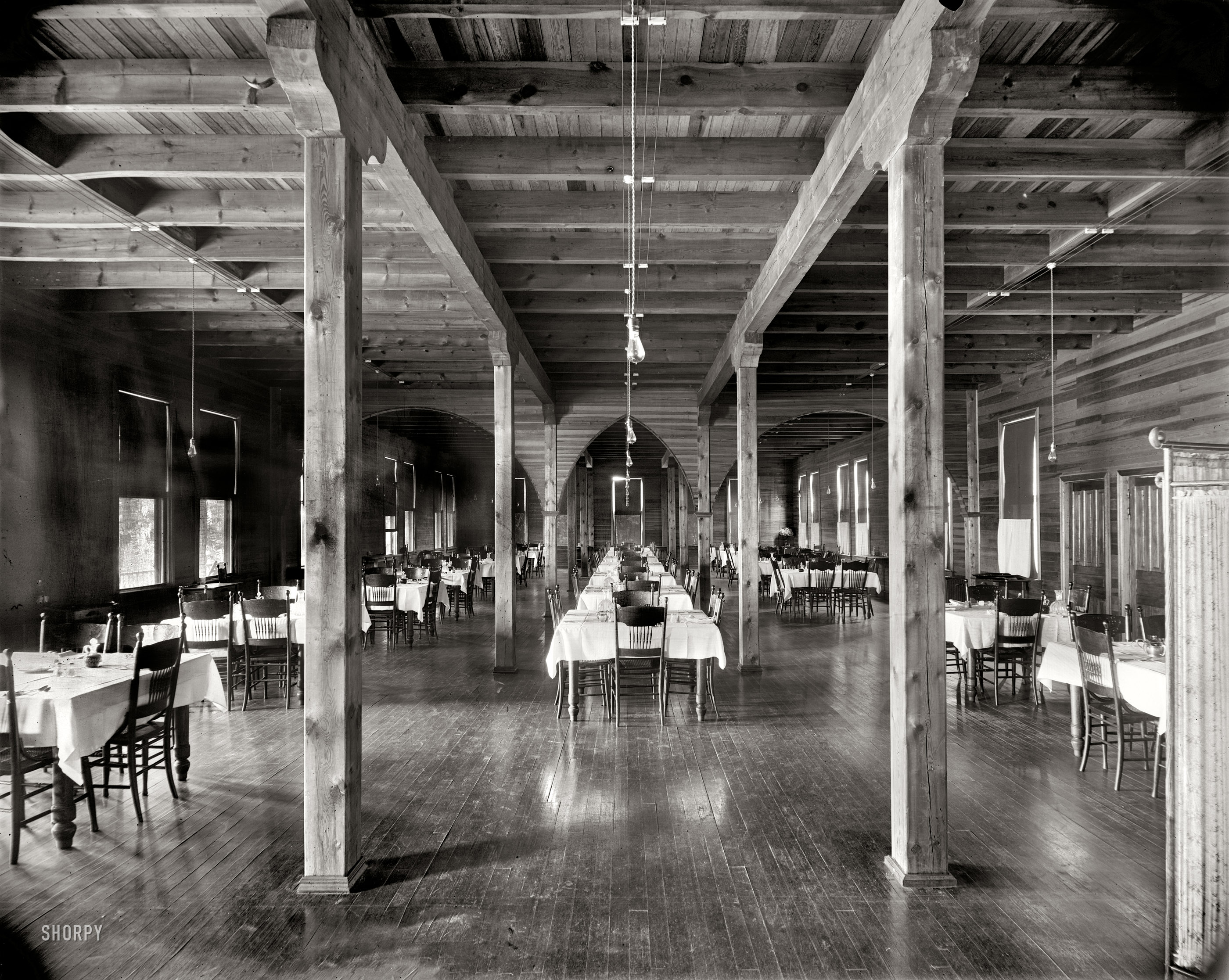 Huron County, Michigan, circa 1900. "Dining room at the Club, Pointe aux Barques." 8x10 inch glass negative, Detroit Publishing Company. View full size.