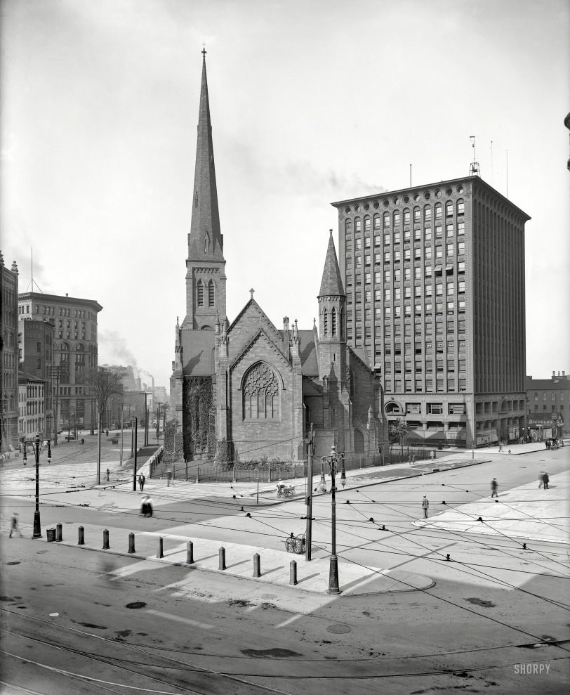 Circa 1900. "St. Paul's Episcopal Cathedral, Buffalo, New York." With the Guaranty (Prudential) Building and a bicycle repair shop as neighbors. 8x10 inch dry plate glass negative, Detroit Publishing Company. View full size.
