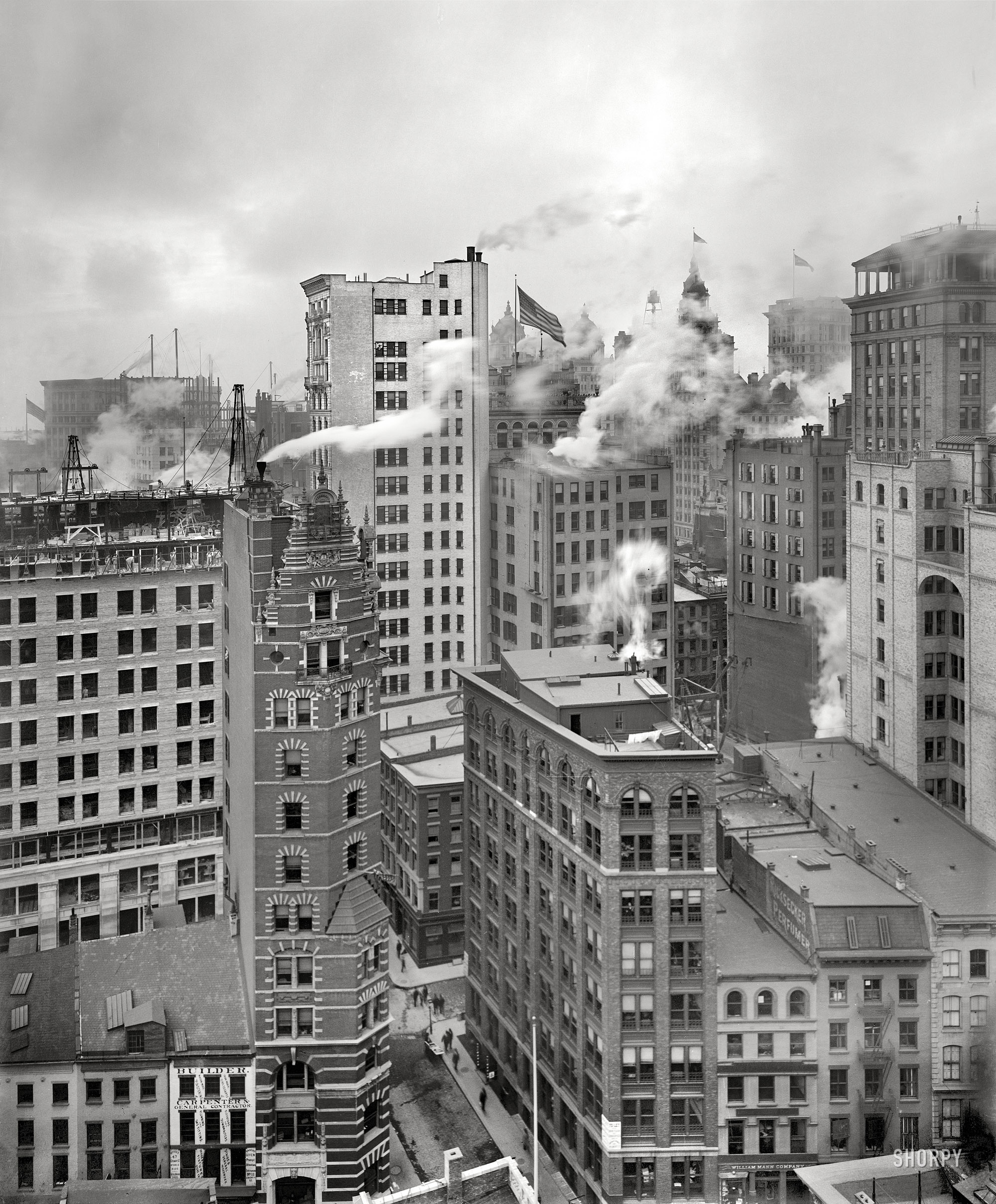 Circa 1901. "Cluster of skyscrapers, New York, New York." Who'll be first to name the street? 8x10 inch glass negative, Detroit Publishing Company. View full size.