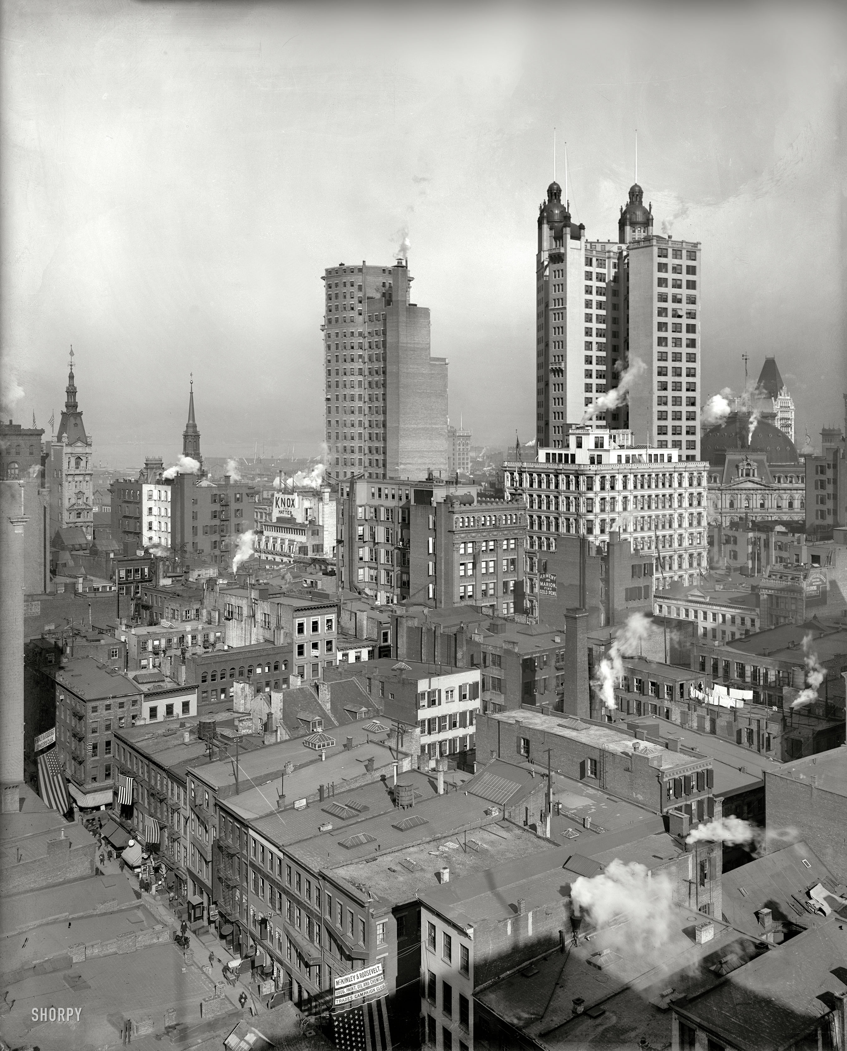 New York, 1900. "St. Paul and Park Row buildings, two tallest buildings in the world." Note the campaign banner at the bottom of the photo, shot from the Woodbridge building. 8x10 glass negative, Detroit Publishing. View full size.