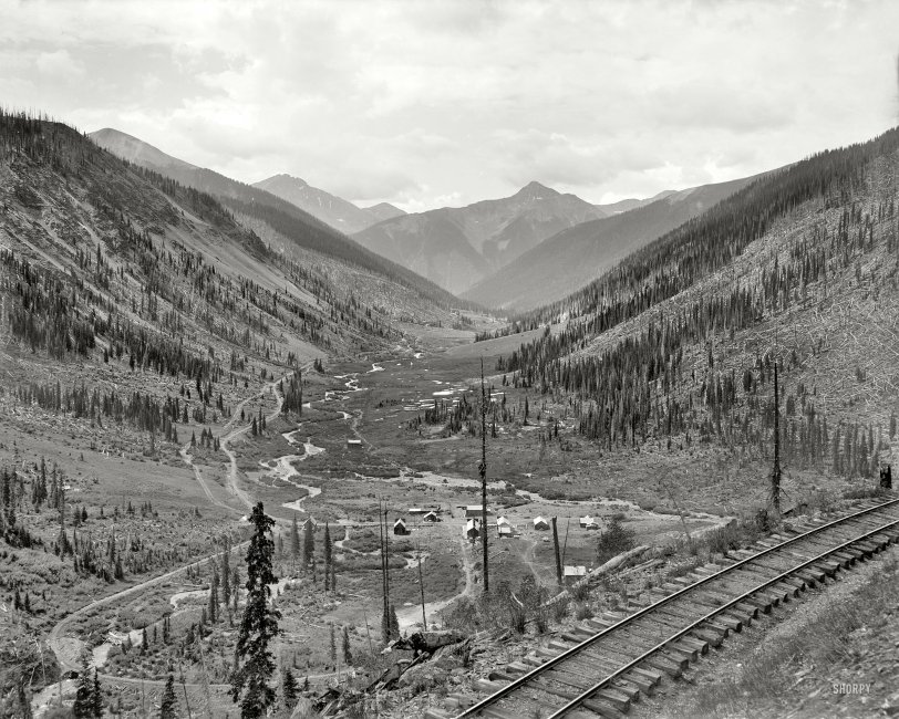 Colorado circa 1900. "Mining camp at Chattanooga on Mineral Creek." 8x10 glass negative by William Henry Jackson, Detroit Publishing Co. View full size.
