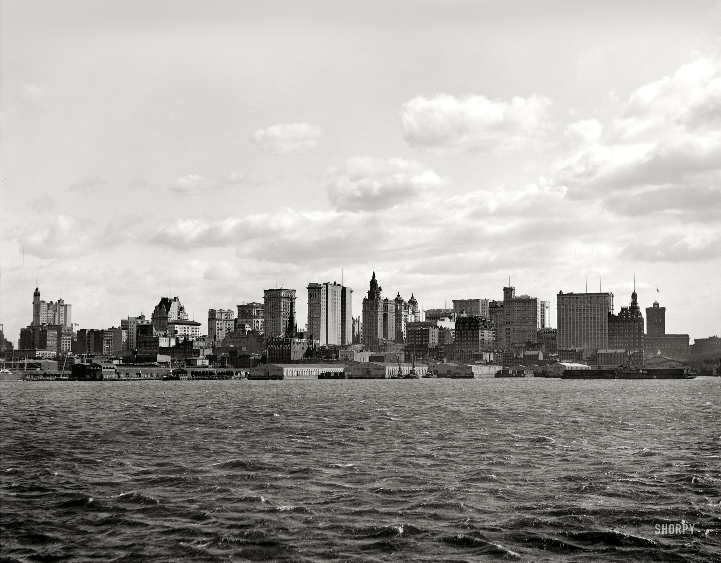 New York circa 1901. "Manhattan sky-line from North River," i.e. the Hudson River. 8x10 inch glass negative, Detroit Publishing Company. View full size.