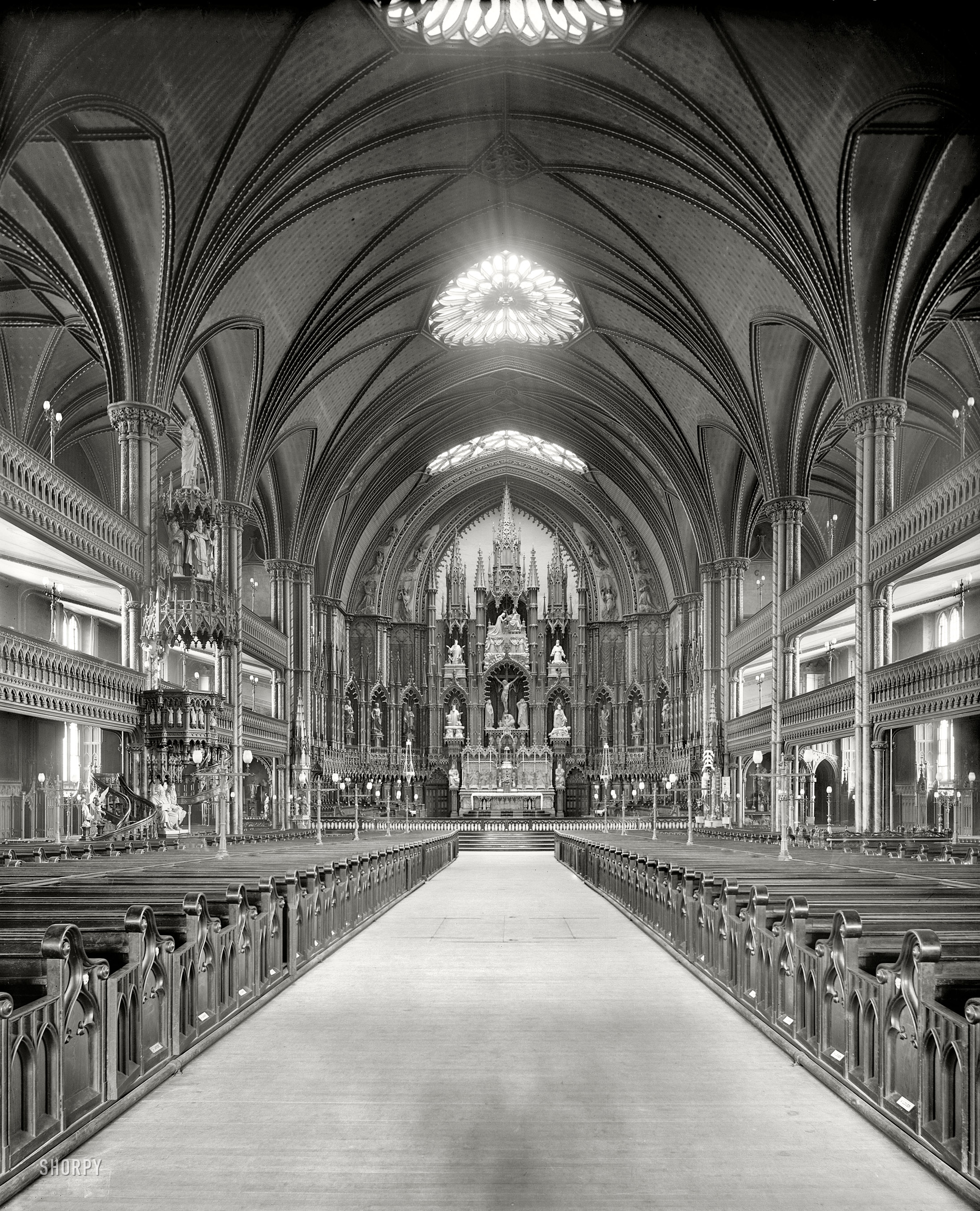 Circa 1900. "Main altar, Church of Notre Dame, Montreal, Quebec." 8x10 inch dry plate glass negative, Detroit Publishing Company. View full size.