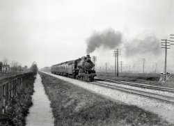 Circa 1905. "Pennsylvania Flyer, eastbound." Heading past Telegraph Pole National Forest. 8x10 inch glass negative, Detroit Publishing Co. View full size.
Happy, happy, joy, joy!The cycloptic engine has such a happy face!
Engine ID?Can anyone identify the engine? I can't see any evidence of a sand dome?
4-4-2Didn't all the E2s look like that as built, with just one dome? Anyone figured out where it is?
PRR E2That looks like a PRR E2, built in 1901 or 1902 with a radial firebox and no sand dome, apparently.
Similar LocomotivesTad difficult to count drive wheels with the parallax effect of the almost head-on view.  Made me think of engines #35 and #39, Class G4s, built by the PRR Juniata shops for themselves and for the Long Island Railroad, but these are 4-6-0's and have sandboxes. IIRC many if not all LIRR locos carried their numbers in the PRR "Keystone" logo up front.  PRR used the G5s for commuter lines, similar to their use on the LIRR - very successful class,  but obviously not E2's.
(The Gallery, DPC, Railroads)