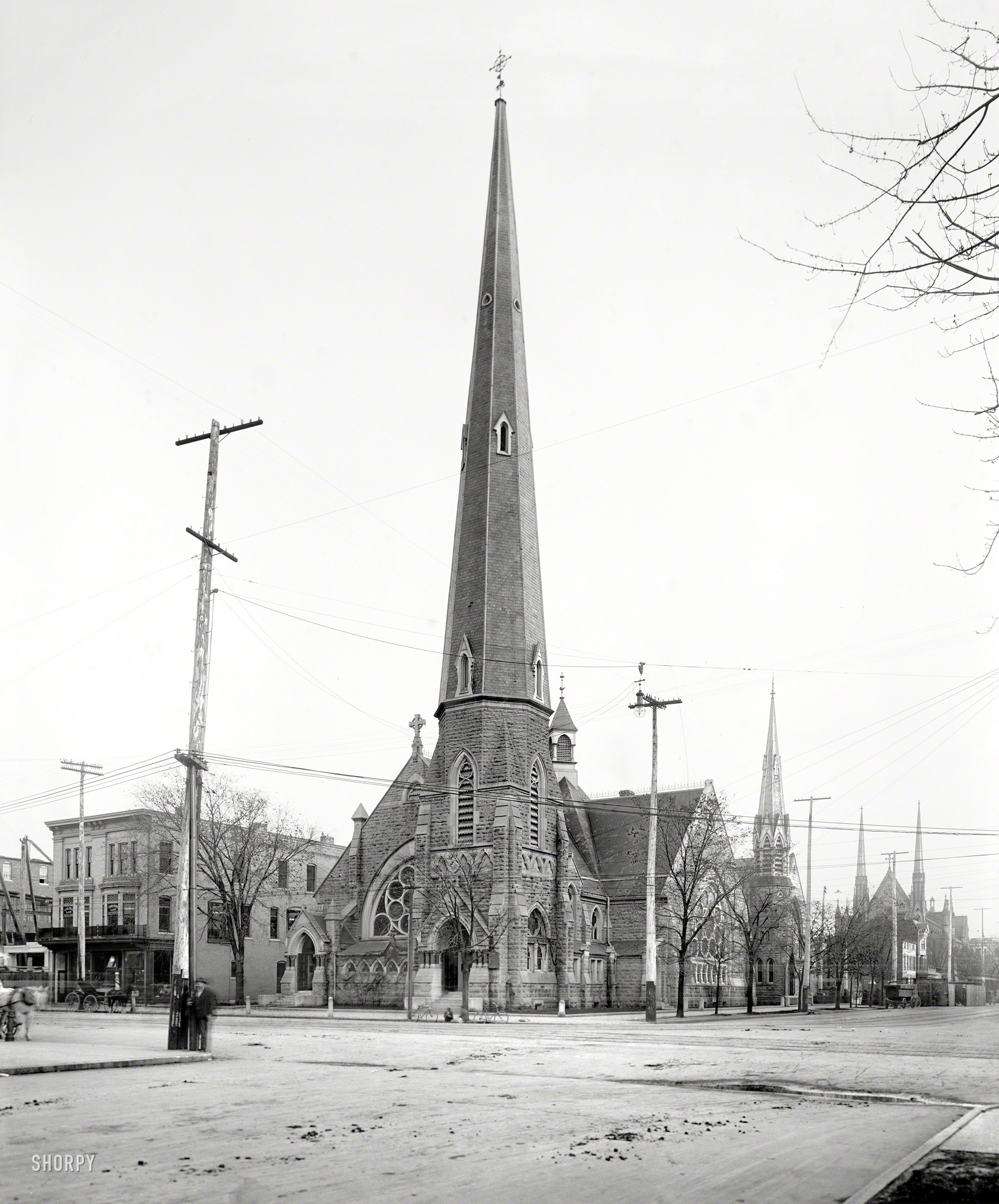 Dayton, Ohio, circa 1902. "Third Street Presbyterian Church." Scrolling top to bottom in Full Size mode, you get a nice visual allegory: Heaven to Earthy. 8x10 inch dry plate glass negative, Detroit Publishing Company. View full size.