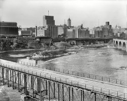 Minneapolis circa 1908. "St. Anthony's Falls and the milling district." 8x10 inch dry plate glass negative, Detroit Publishing Company. View full size.