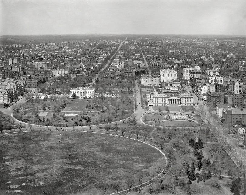 Circa 1911, our second selection from the panoramic series "Washington from Washington Monument." Landmarks include the State, War &amp; Navy Building at left; the White House and Ellipse; and U.S. Treasury. 8x10 inch dry plate glass negative, Detroit Publishing Company. View full size.
