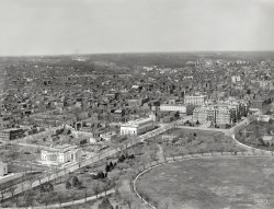 Circa 1911, our third selection from the panoramic series "Washington from Washington Monument." Landmarks include, from left, Memorial Continental Hall (headquarters of the Daughters of the American Revolution); the Corcoran Gallery of Art; State, War and Navy Building; and White House West Wingtip. 8x10 inch glass negative, Detroit Publishing Company. View full size.
More LandmarksA tiny sliver of the Pan American Union Building (Paul Cret, architect, 1908-1910) at the extreme lower left margin, and the Octagon House (designed by Dr. William Thornton, 1799-1801), just to the left of the Corcoran Gallery and across New York Avenue.
Constitution Hall?Isn't the name of the Daughters of the American Revolution auditorium Constitution Hall, not Continental Hall? I could be wrong, but I lived in DC for a short time and I seem to remember Constitution Hall.
[Constitution Hall wasn't built until 1929. -tterrace]
WH StablesAlso visible are the White House stables, a portion of which were glimpsed at The President's White. The stables were razed in the summer of 1911.
(The Gallery, D.C., DPC)
