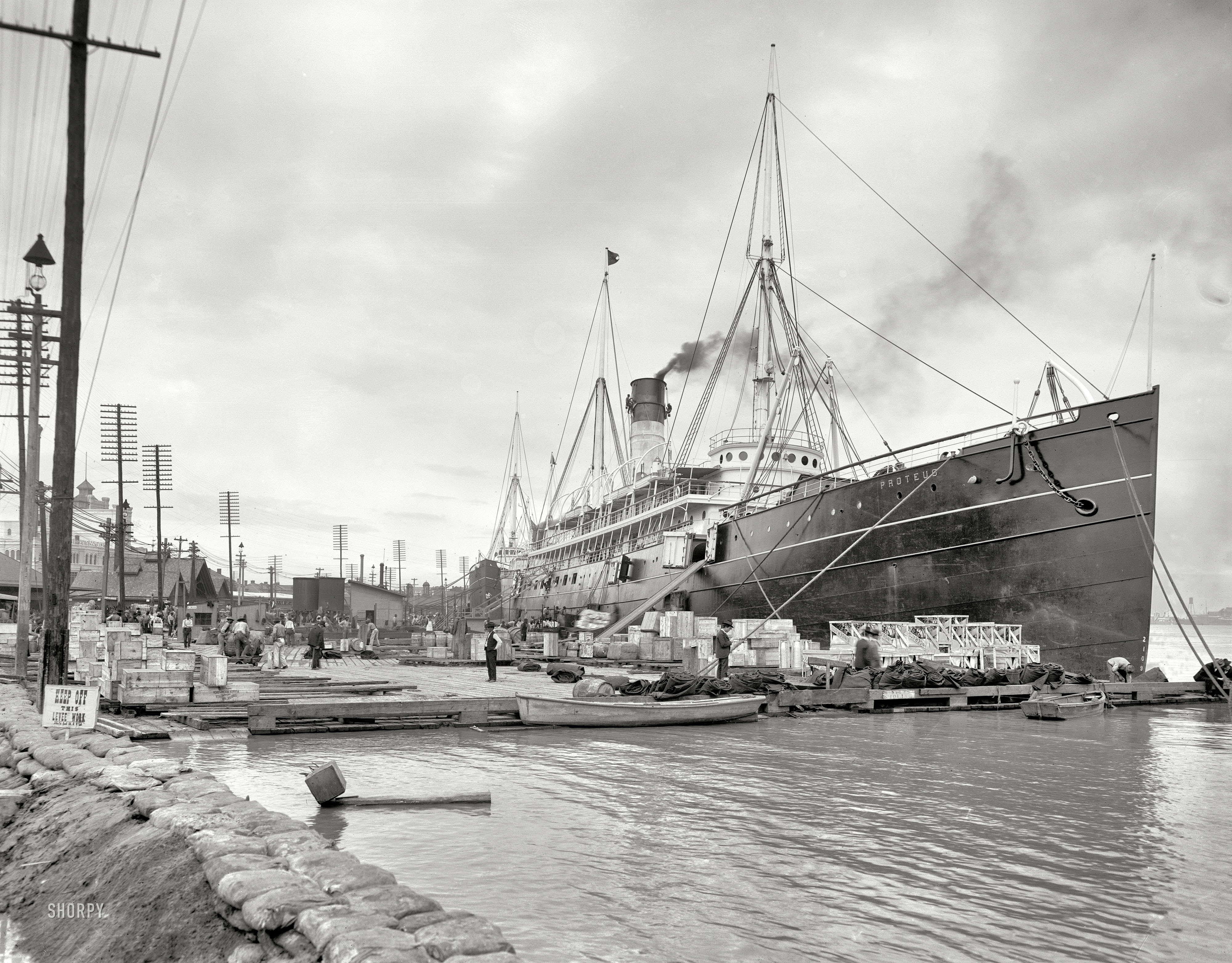 March 23, 1903. "S.S. Proteus. High water at New Orleans levee." 8x10 inch dry plate glass negative, Detroit Publishing Company. View full size.